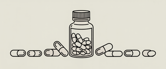 Multivitamin bottle surrounded by capsules, minimalist line art, highlighting vitamin supplements linked to brain health.