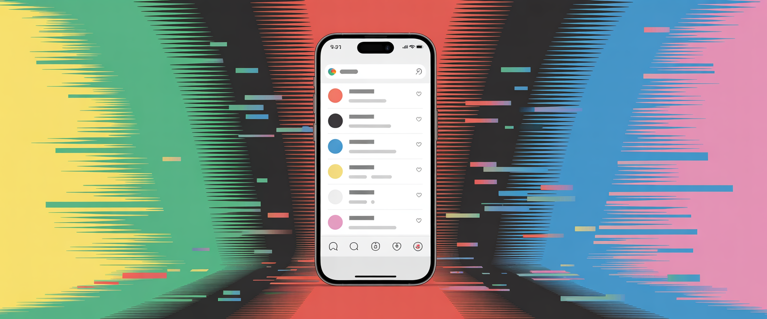 Smartphone displaying glitchy, distorted TikTok feed with vivid cyber colors, highlighting digital addiction concerns.