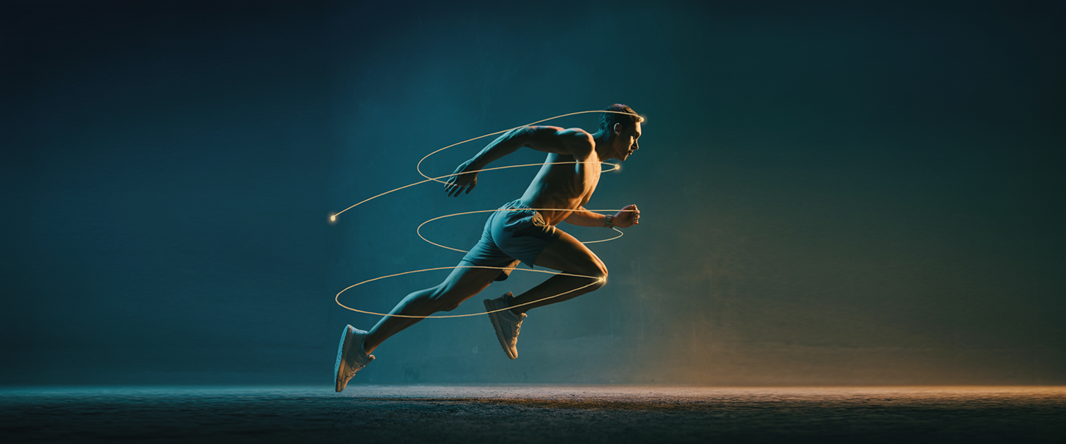Silhouette of a muscular figure in mid-motion against an indigo-black gradient, surrounded by golden lines symbolizing gravitational force.