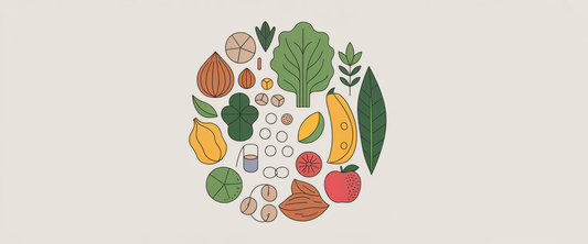 Minimalist line art of mineral supplements, nuts, leafy greens, and fruits in a circular pattern against a dark background.