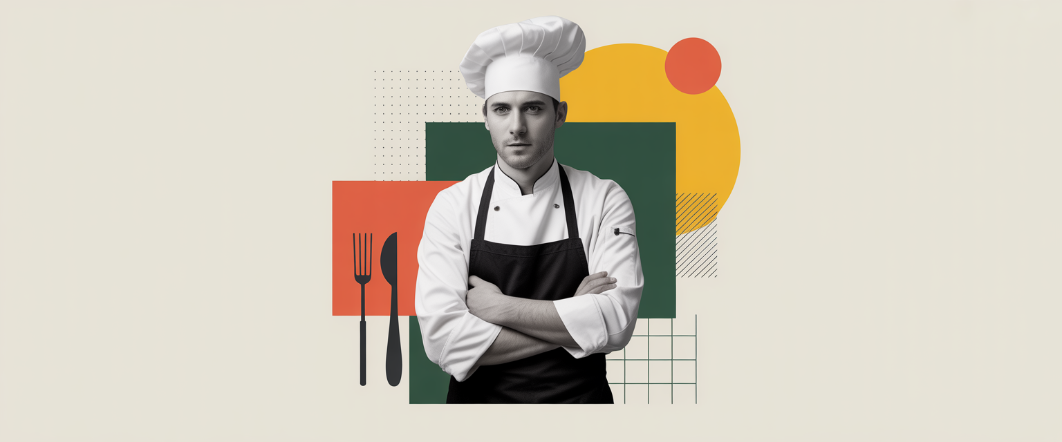 Chef in a bustling kitchen, looking exhausted and overwhelmed amid busy staff, highlighting stress in foodservice industry.