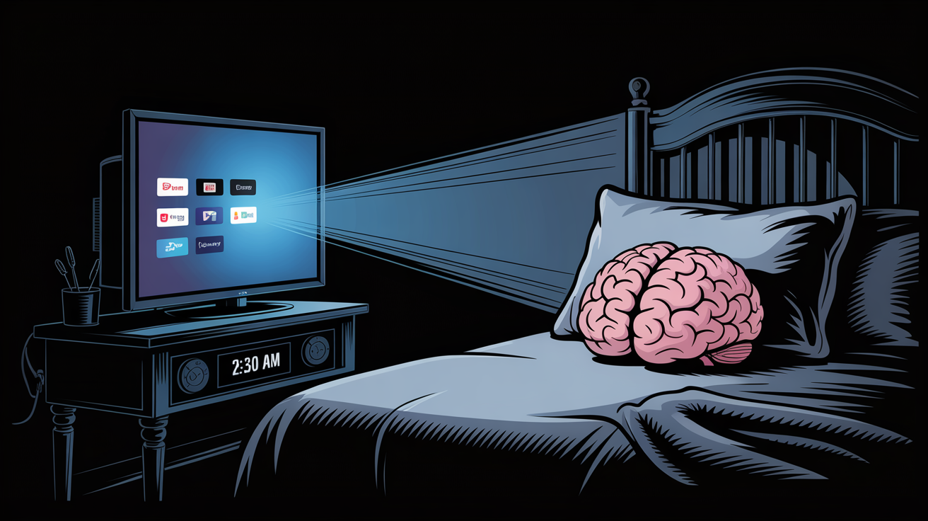 Person watching TV late at night in a dimly lit room, highlighting cognitive risks of binge-watching before sleep.