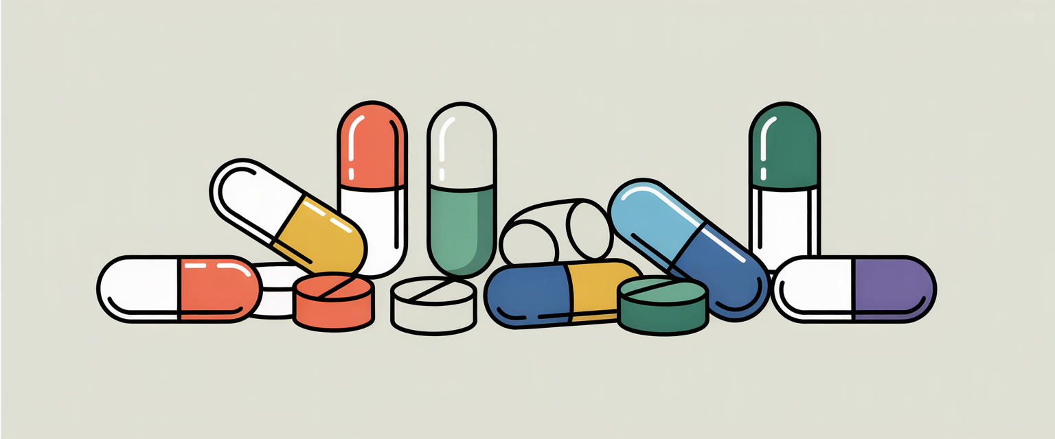 Minimalist line art of assorted magnesium capsules and tablets on colored background, highlighting health supplement diversity.