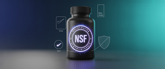 3D rendered premium supplement bottle with glowing holographic NSF seal, surrounded by quality icons and wireframe shield on gradient background.