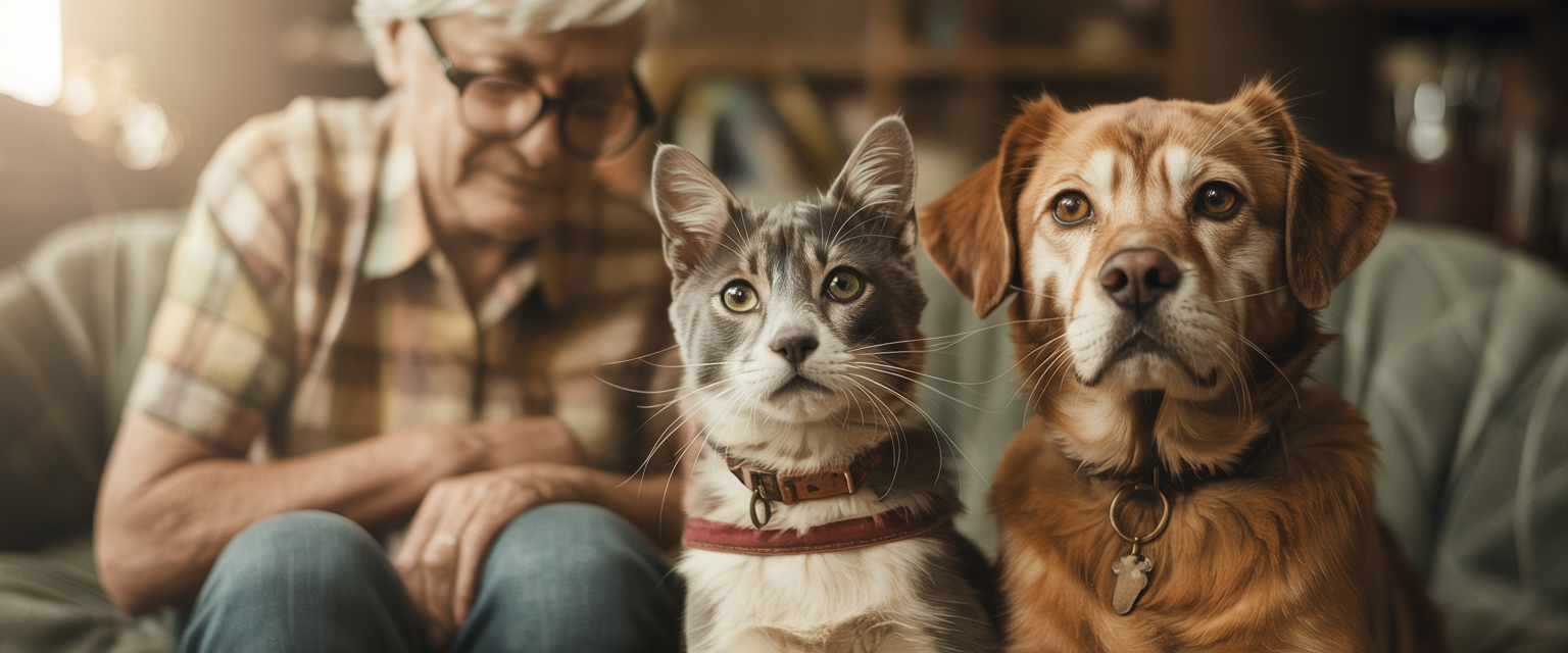 Golden retriever and tabby cat sit together on a sofa, symbolizing pets' role in supporting brain health.