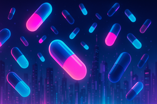 neon pills falling from sky