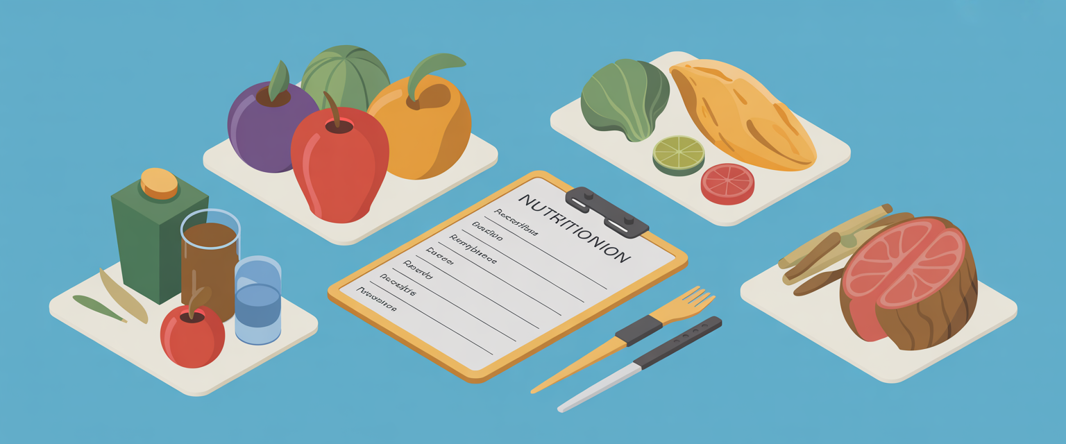 Isometric illustration of nutrition tools and elderly-focused food items, emphasizing geometric precision and vibrant flat colors.