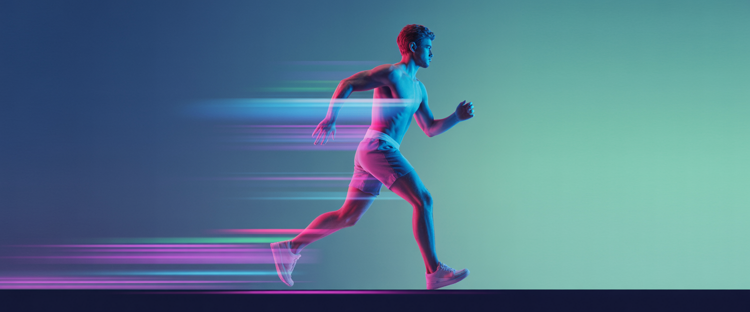 Dynamic figure brisk walking with motion gradient from blue to magenta on a minimalist navy-teal background, glowing vitality.