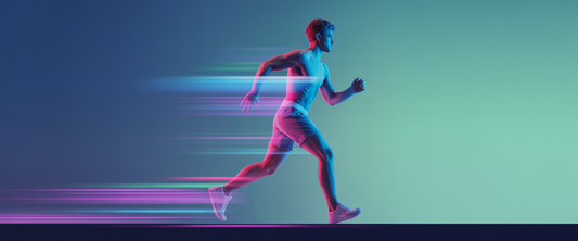 Dynamic figure brisk walking with motion gradient from blue to magenta on a minimalist navy-teal background, glowing vitality.