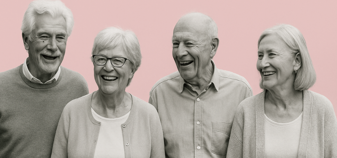 black and white photo of the elderly on pink background