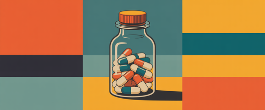 Vintage glass medicine bottle with capsules, bold geometric color blocks in oranges, teals, and yellows, retro poster style.