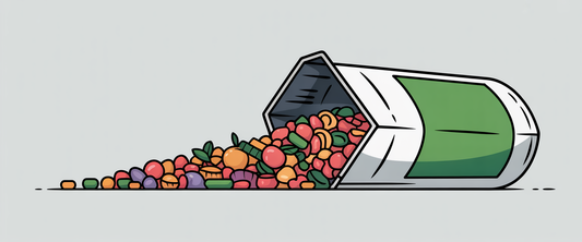 Minimalist line art of food additives spilling from a processed package, highlighting health risks and negative space.