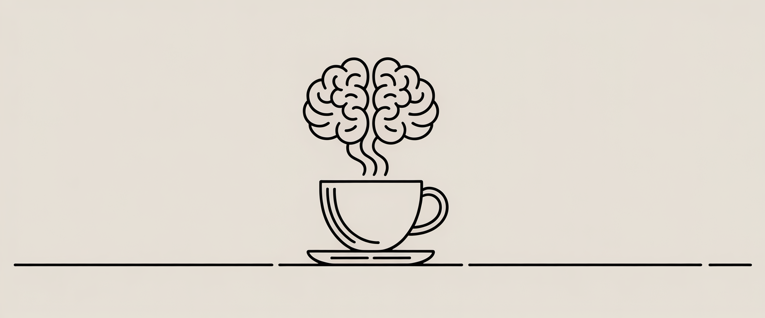 Steam from coffee cup forming brain-like patterns as minimalist line art, emphasizing cognitive boost through caffeine.