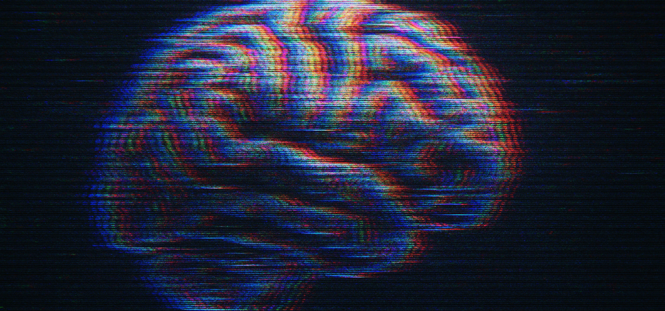 digitally distorted brain on black background