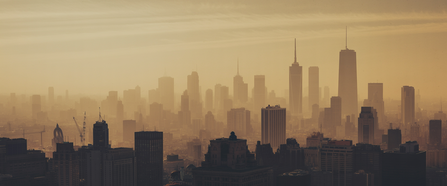 Elderly man holding head, looking concerned; air pollution particles and cityscape in the background.