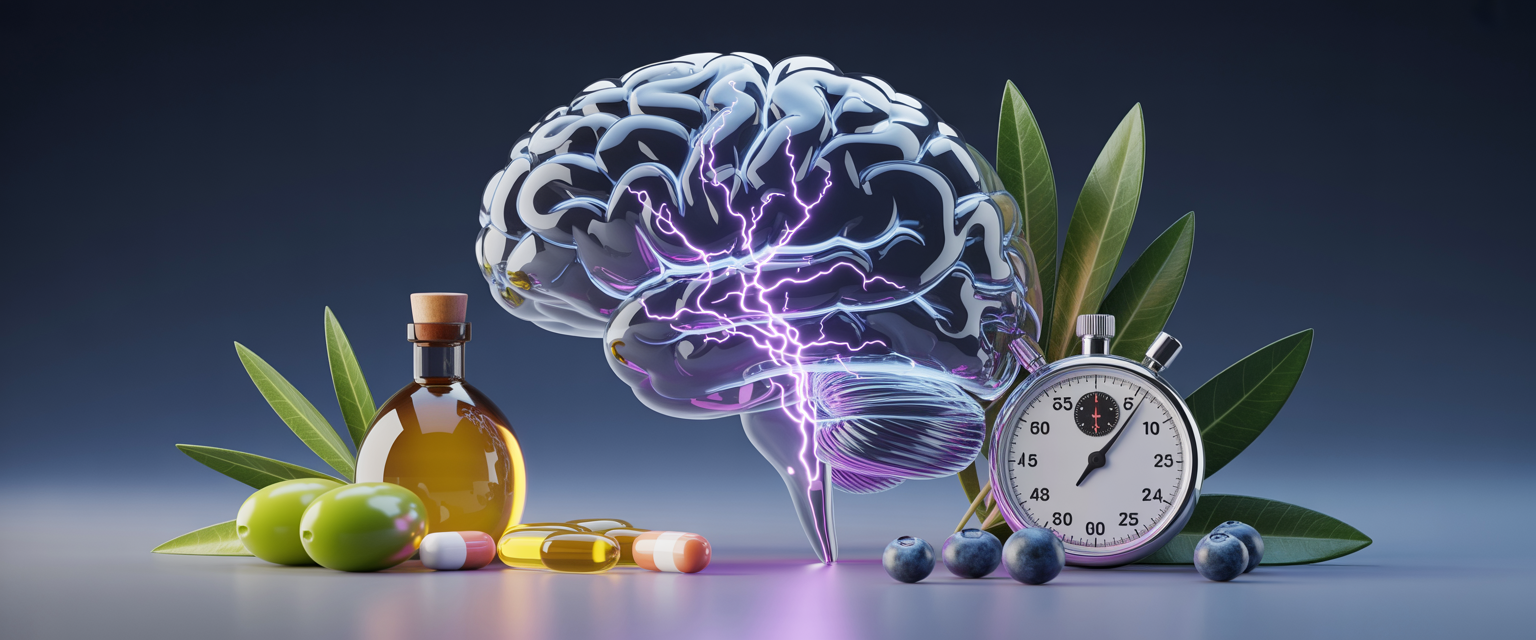 Crystal brain with glowing blue-purple neural connections, surrounded by olive leaves, blueberries, fish oil, and stopwatch on navy background.