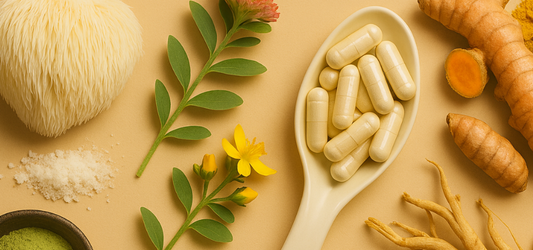 mushroom, rhodiola, pills in spoon