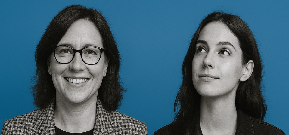 Two women on black and white on blue background