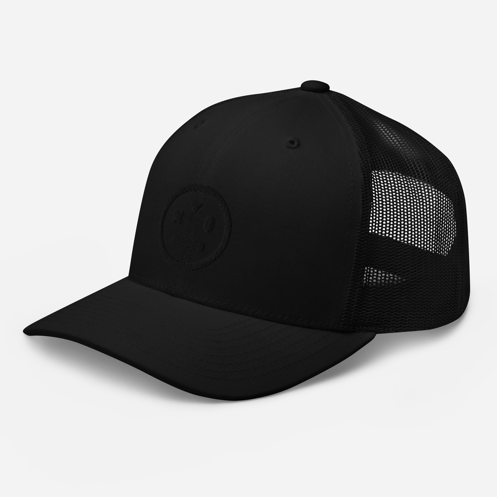 black on black stoned ape trucker hat