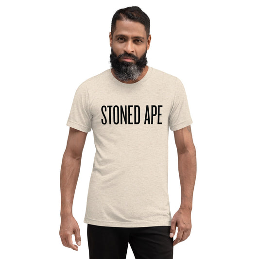 man wearing oatmeal stoned ape t-shirt