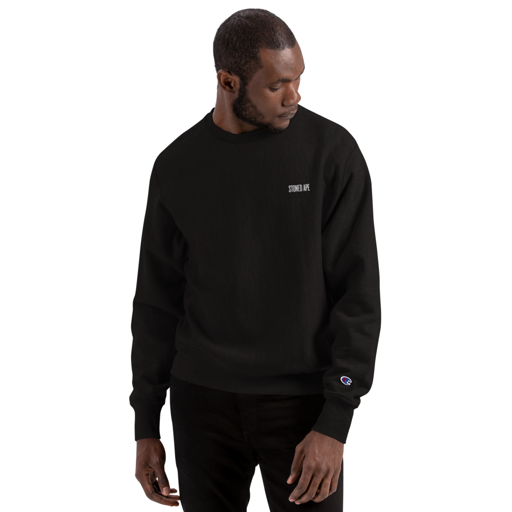 man wearing black unisex stoned ape champion crewneck