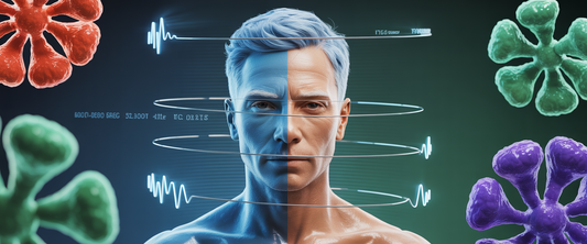 3D human figure split by youth and old age, surrounded by glowing biomarkers and data points in a jewel-toned, high-tech lab setting.