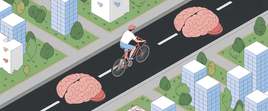 Two older adults cycling on a scenic path, symbolizing brain health benefits from active travel in dementia prevention.