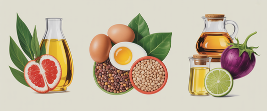 Collage of longevity foods: lentils, eggs, olive oil, coffee beans, nightshades on wood, linked by geometric shapes.