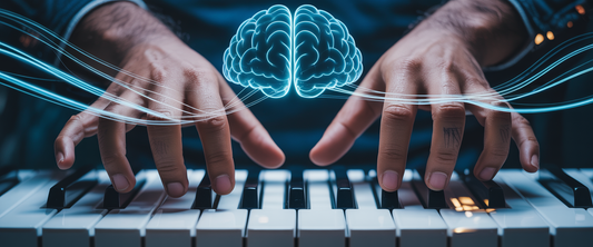 Hands play piano with neural light traces flowing between fingers, highlighting cognitive benefits of adult music lessons.