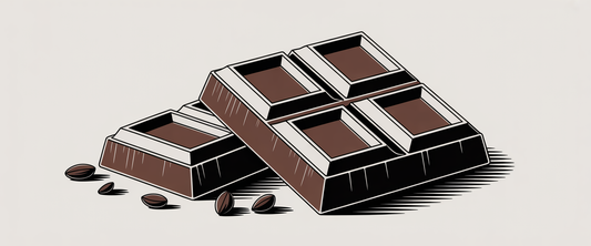 Dark chocolate squares with cacao nibs on dark background, minimalist line art highlighting brain and gut health benefits.