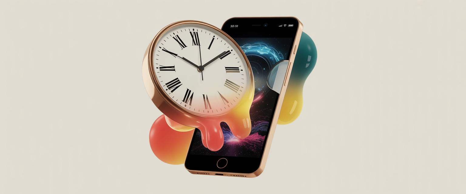 Melting clock blends into a digital device, symbolizing modern habits impacting brain health, with layered textures and graphics.
