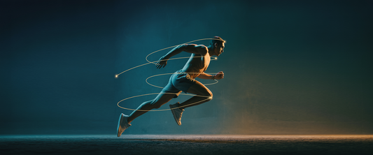 Silhouette of a muscular figure in mid-motion against an indigo-black gradient, surrounded by golden lines symbolizing gravitational force.