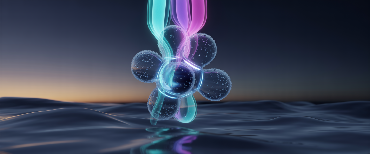 Glowing electric-blue vitamin B12 molecule with energy streams on a navy background, showcasing vibrant gradient hues and textures.