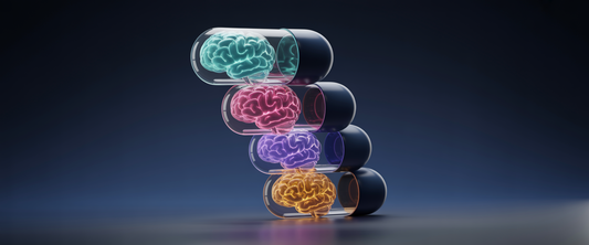 Translucent brain-shaped capsules with glowing neural networks, colored particles in spiral; symbolize nootropics on navy background.