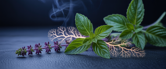 Holy Basil leaves with purple flowers on navy surface, gold neural patterns, mist, rich greens, indigo contrasts, side-lit shadows.
