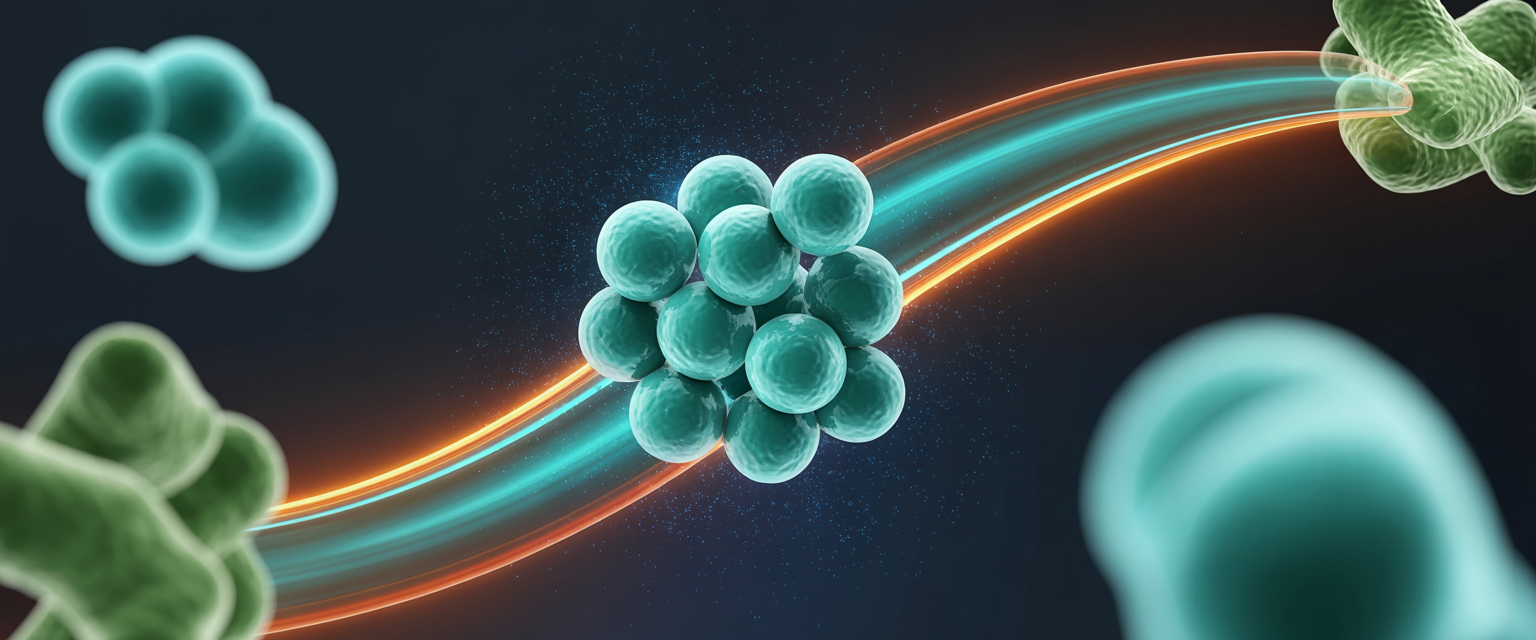 Electric-blue CoQ10 molecules in mitochondria with teal and amber trails, set against a deep navy background with particle effects.