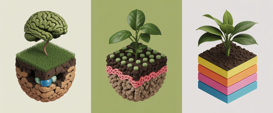 Rich soil with glowing microorganisms, plant roots transforming into neural structures, symbolizing soil to brain health connection.