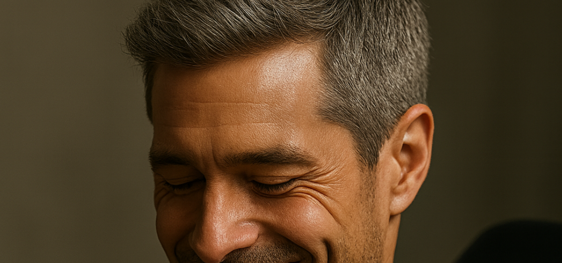 White man with graying hair, dark background