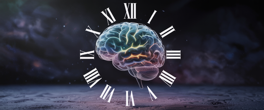 Ethereal brain in space with glowing blue neural pathways and dissolving clock, set in cosmic hues; contemplative, scientific mood.