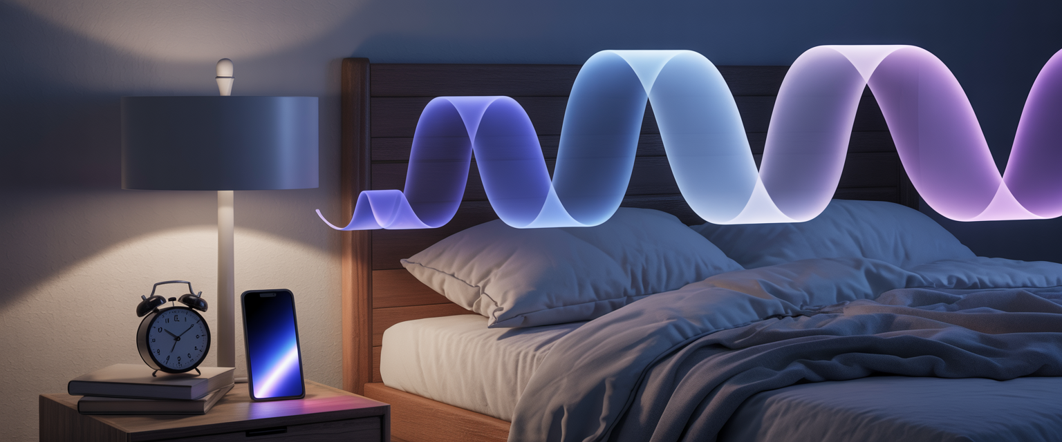 Twilight-lit bedroom with glowing phone beside an alarm clock and books, ethereal waves floating above unmade bed, symbolizing insomnia.