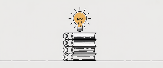 Minimalist line art of stacked books with a glowing light bulb, symbolizing knowledge and study enhancement.