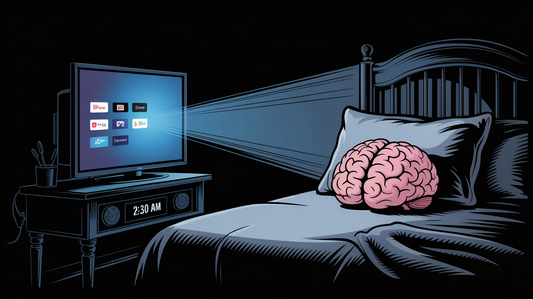 Person watching TV late at night in a dimly lit room, highlighting cognitive risks of binge-watching before sleep.