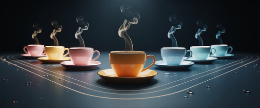 Elegant curve of artisanal coffee and fine tea cups on navy-teal surface, with steam and dramatic lighting.