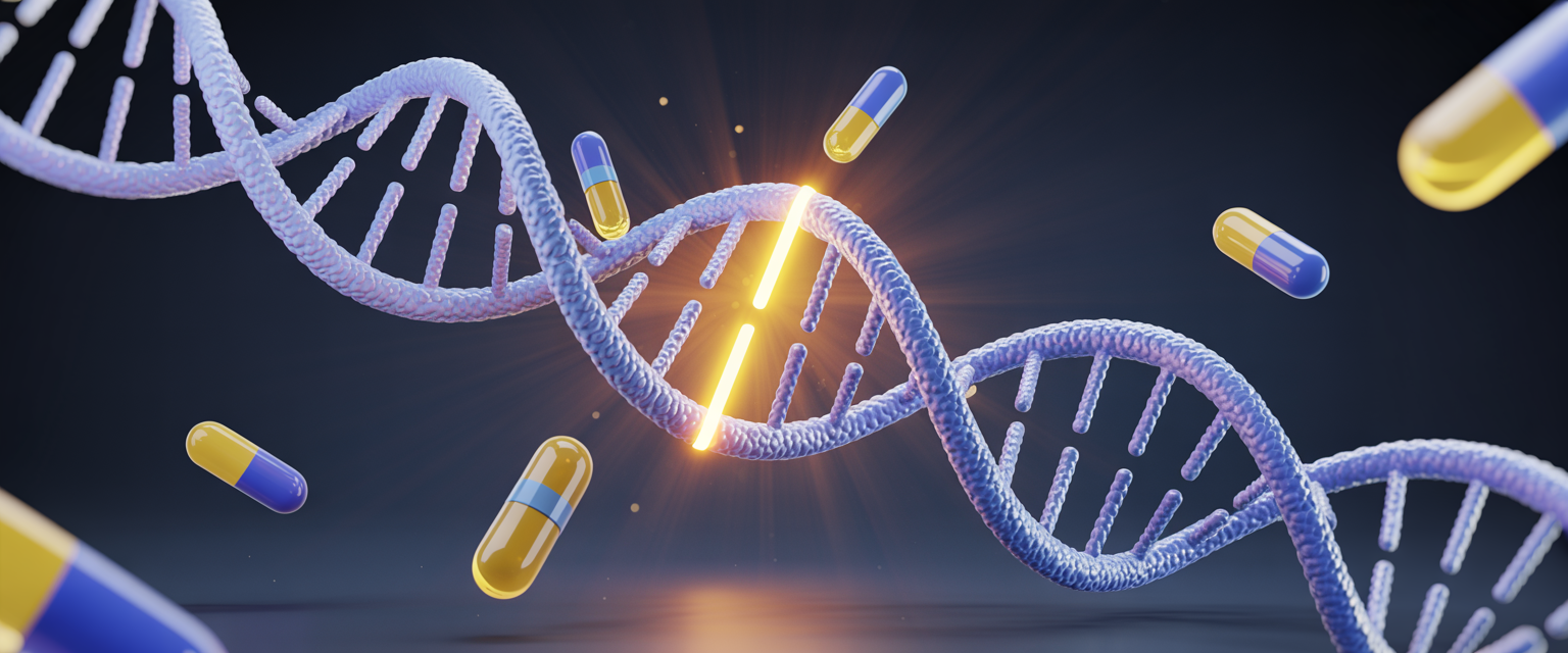 Surreal 3D DNA helix with glowing telomeres and orbiting vitamin D3 capsules, set against a deep blue background, highlighting cellular aging.