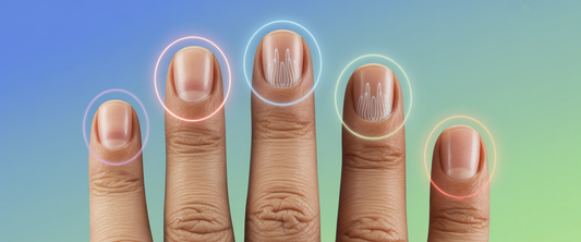 3D illustration of fingernails at various growth stages, glowing to dull, with cellular patterns on a blue-green gradient background.