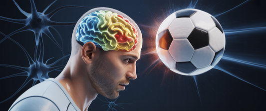 Soccer player performs header; translucent skull reveals blue-gold brain tracts; impact area focused with shadowed face and neural patterns.