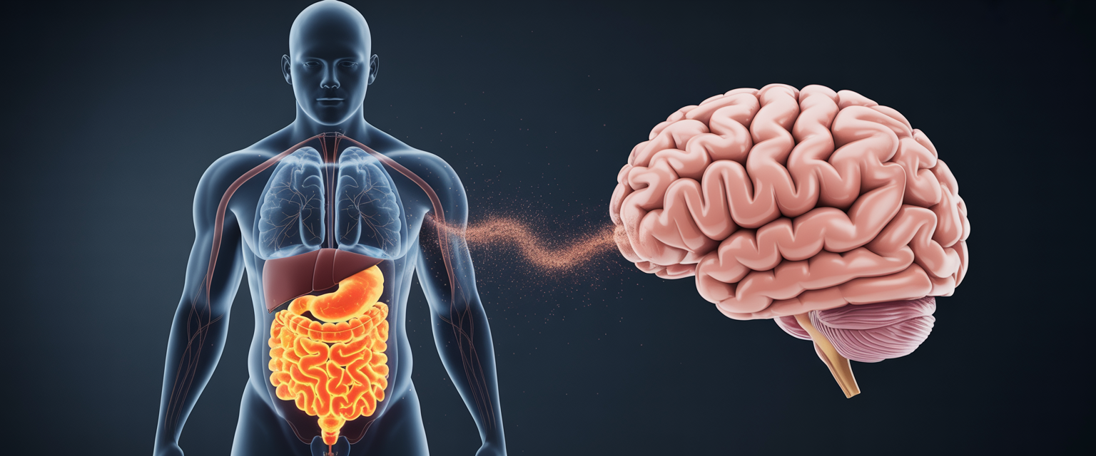3D medical illustration of translucent torso with glowing fat deposits, deteriorated brain model, and cinematic lighting.