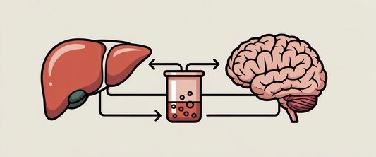 Minimalist line art of liver and brain connected by filtering system, illustrating the link between liver disease and brain symptoms.