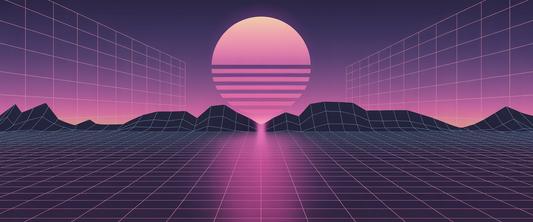 Withering landscape morphs into retro-futuristic scene, featuring neon pink and purple gradients, grid patterns, and chrome textures.