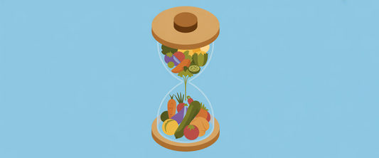 Hourglass with colorful fruits and vegetables symbolizes healthy longevity strategies.